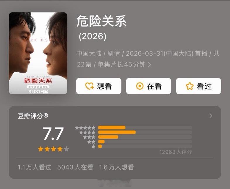 剧集「危险关系」豆瓣开分7.7，感觉有点低了～ 