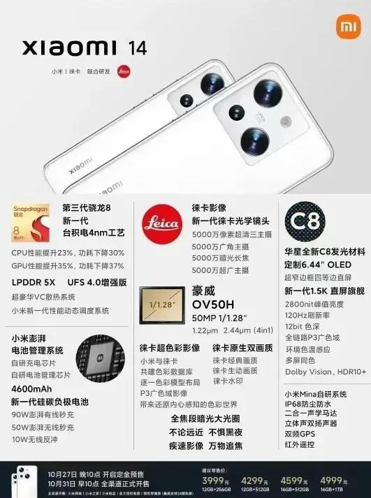 刷到小米14的外观和配置信息，大家觉得如何？目前比较多的说法是10月27日发布，