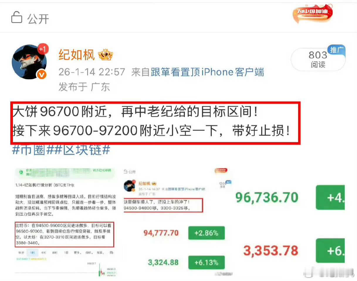 最近两天全程看空，不管97200/96900，还是今晚95700附近都是坚定给到