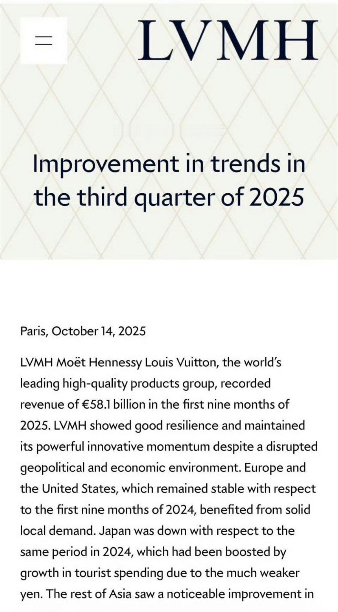 LVMH 2025 Q3财报，提到了🦅美妆线成绩亮眼哎。这也是继邓为官宣🦅全