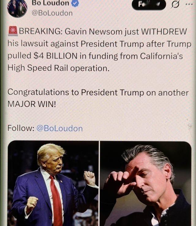突发消息：在特朗普叫停对加州高铁项目的40亿美元拨款后，加文·纽森随即撤销了对特