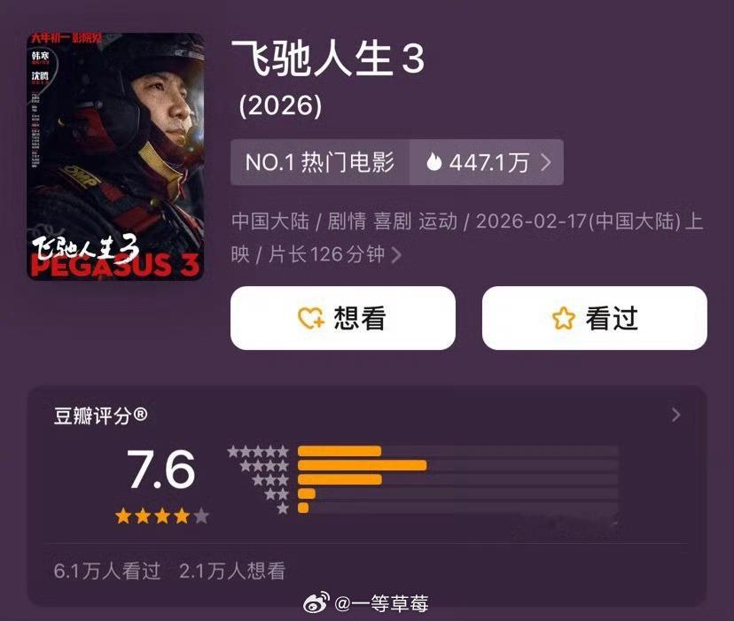 三部春节档电影豆瓣开分《飞驰人生3》7.6《镖人》7.5《星河入梦》7.0 