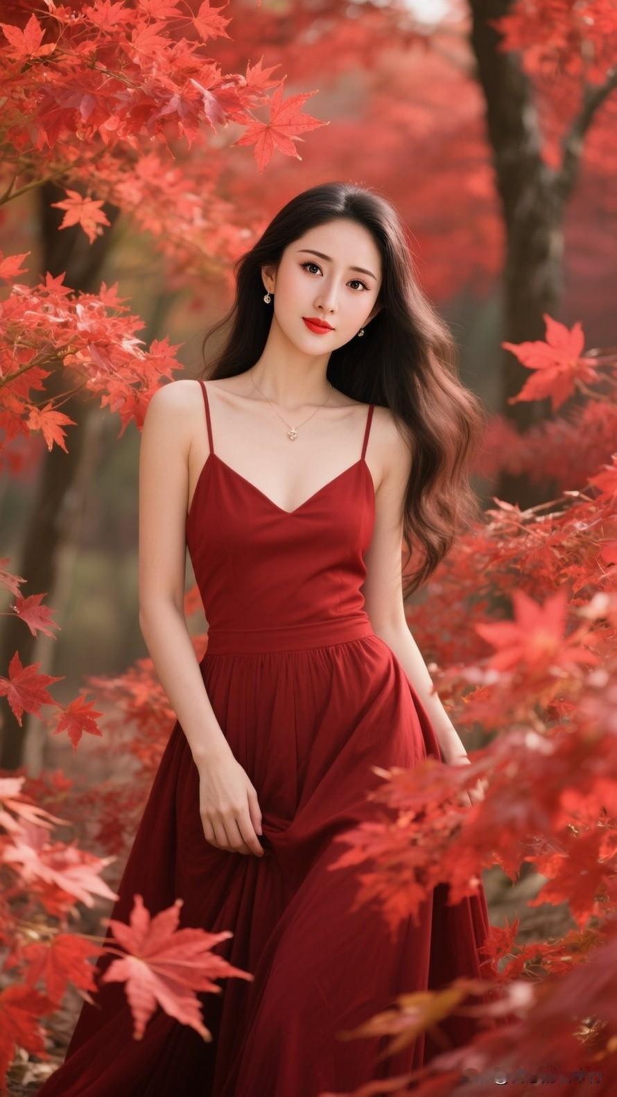 枫叶与红裙撞个满怀🍁
 
氛围感直接拉满✨
酒红色吊带长裙太适配红叶山林
V领