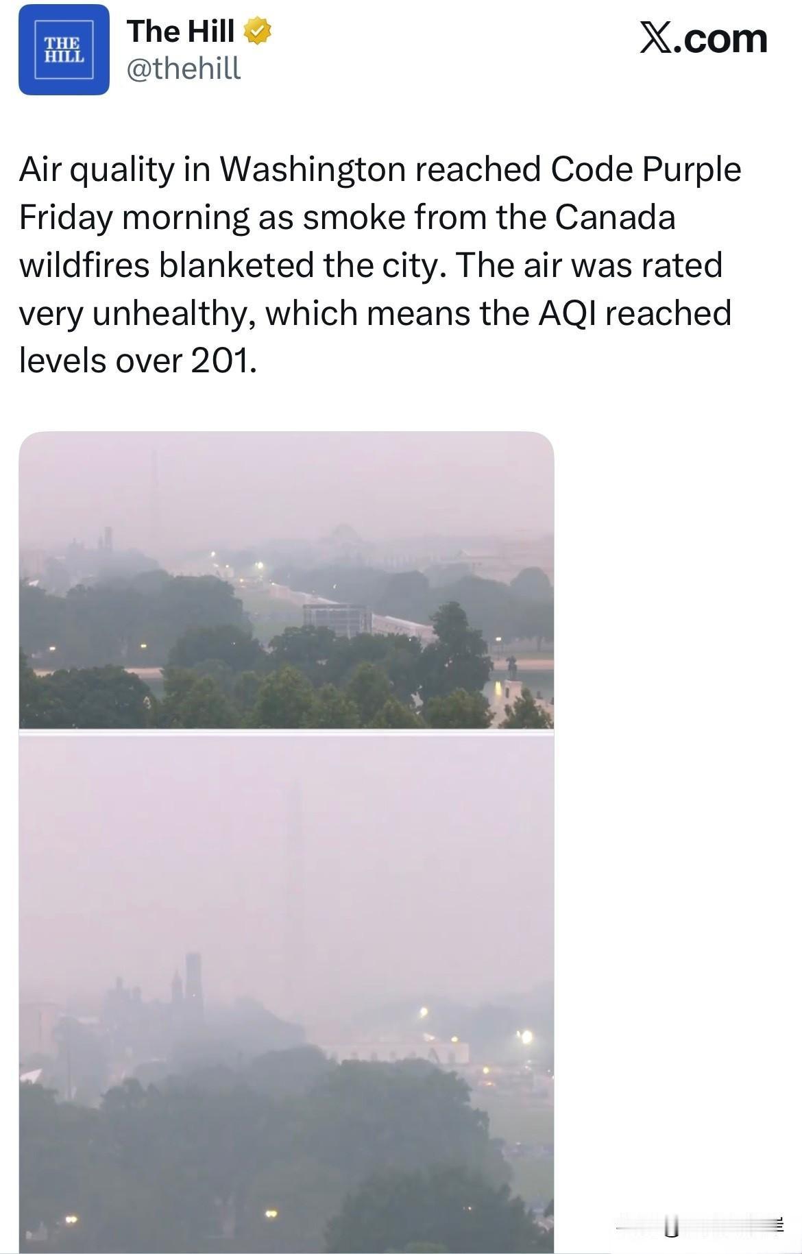 周五清晨，加拿大山火产生的浓烟笼罩华盛顿，当地空气质量达到紫色预警级别。该等级代