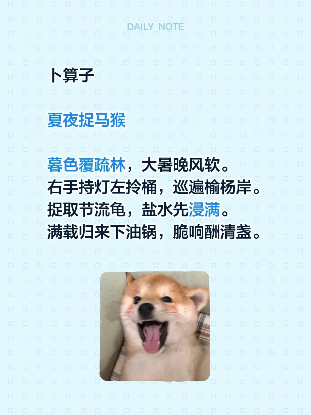 卜算子夏夜捉马猴 暮色覆疏林，大暑晚风软。右手持灯左拎桶，巡遍榆杨岸。捉取节流龟