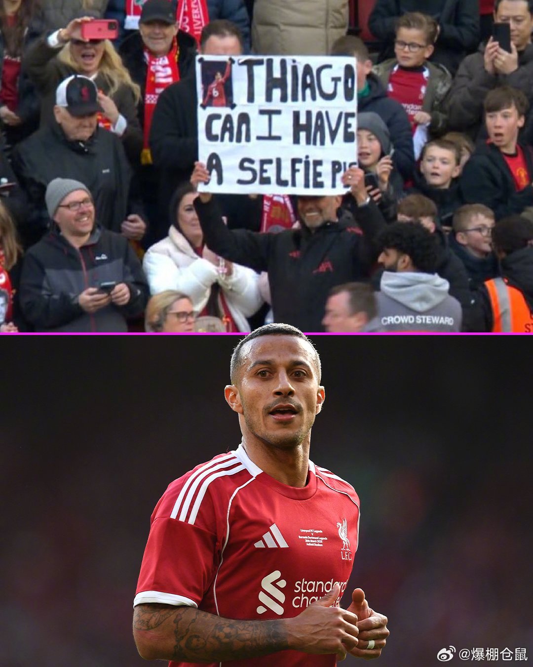 【】利物浦传奇队vs多特蒙德传奇队，克洛普在看台上举起了一个牌子，上面写着：蒂亚