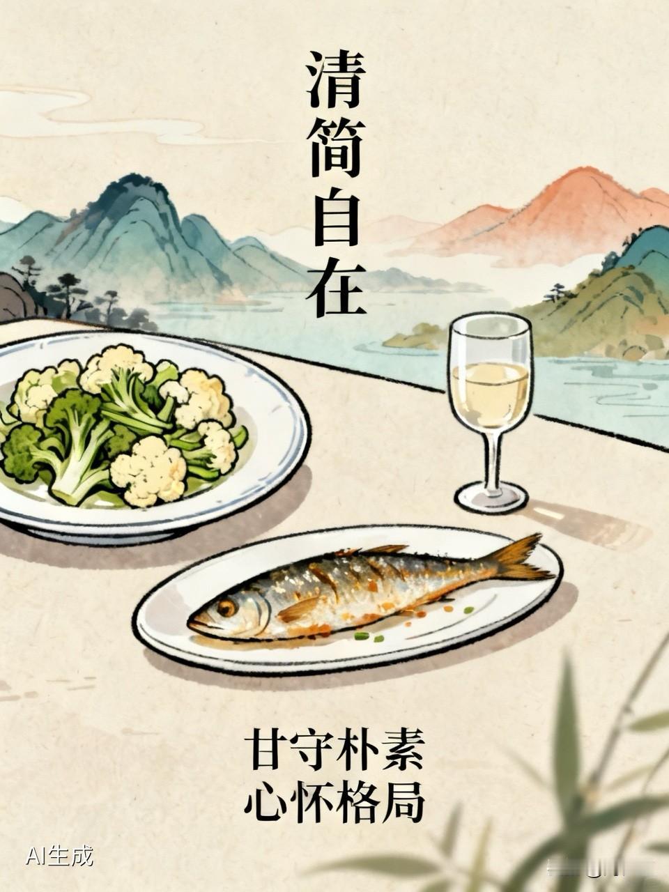 今天晚上的一餐简简单单：清炒菜花、香酥小沙丁鱼，一碟炒花生米，再酌一杯北大荒高粱