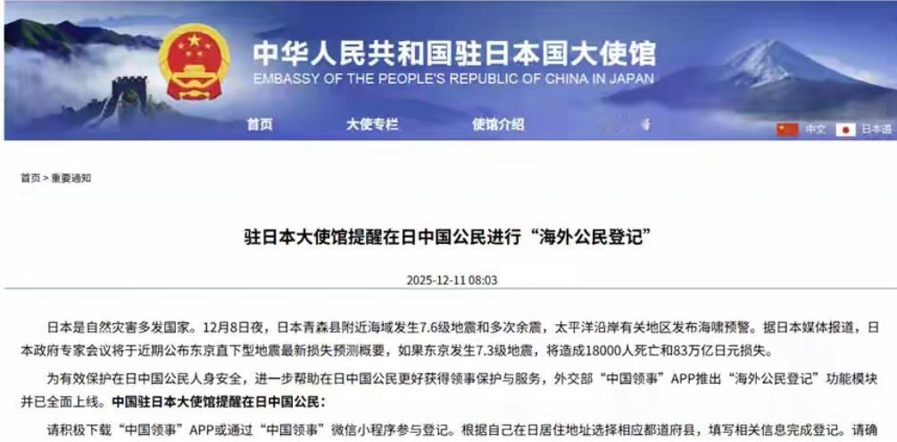 中国开始清点在日华人数量，日本一下子慌了。

12月11日，中国驻日本大使馆发布