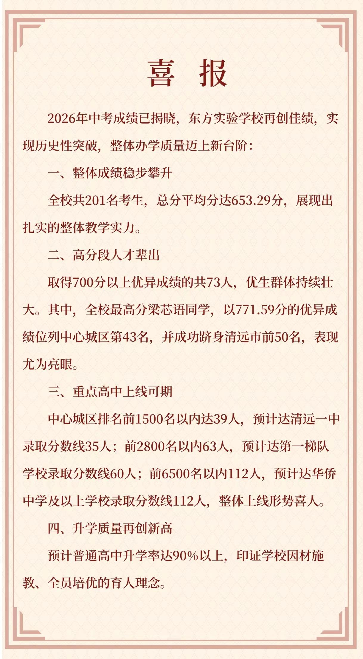 清远这个学校普高率达90%以上！2026清远中考取得700分以上优异成绩的共73