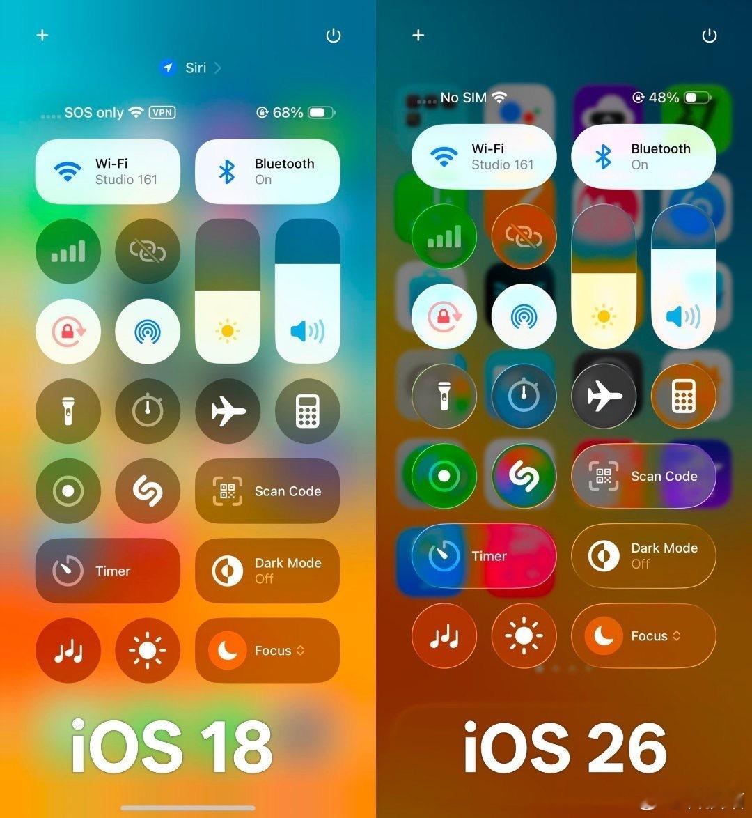 iOS18 vs iOS26哪边的下拉栏更好看？[思考] ​​​