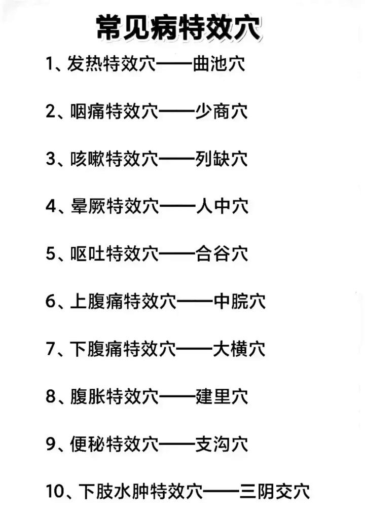 常见病特效穴。
·1、发热特效穴--曲池穴。
·2、咽痛特效穴--少商穴。
·3