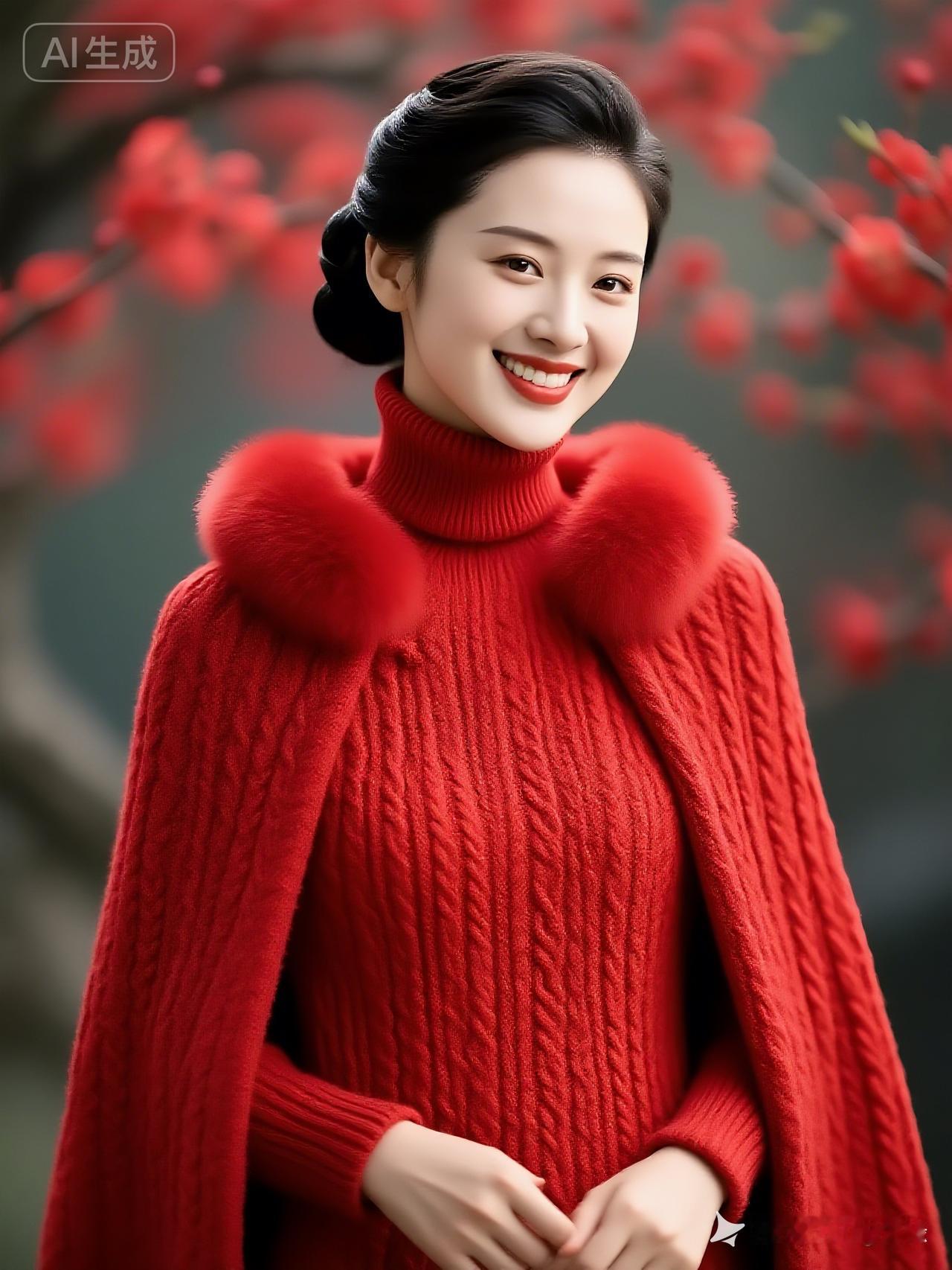 冬日暖阳下，红衣美人笑靥如花🌸🌸🌸