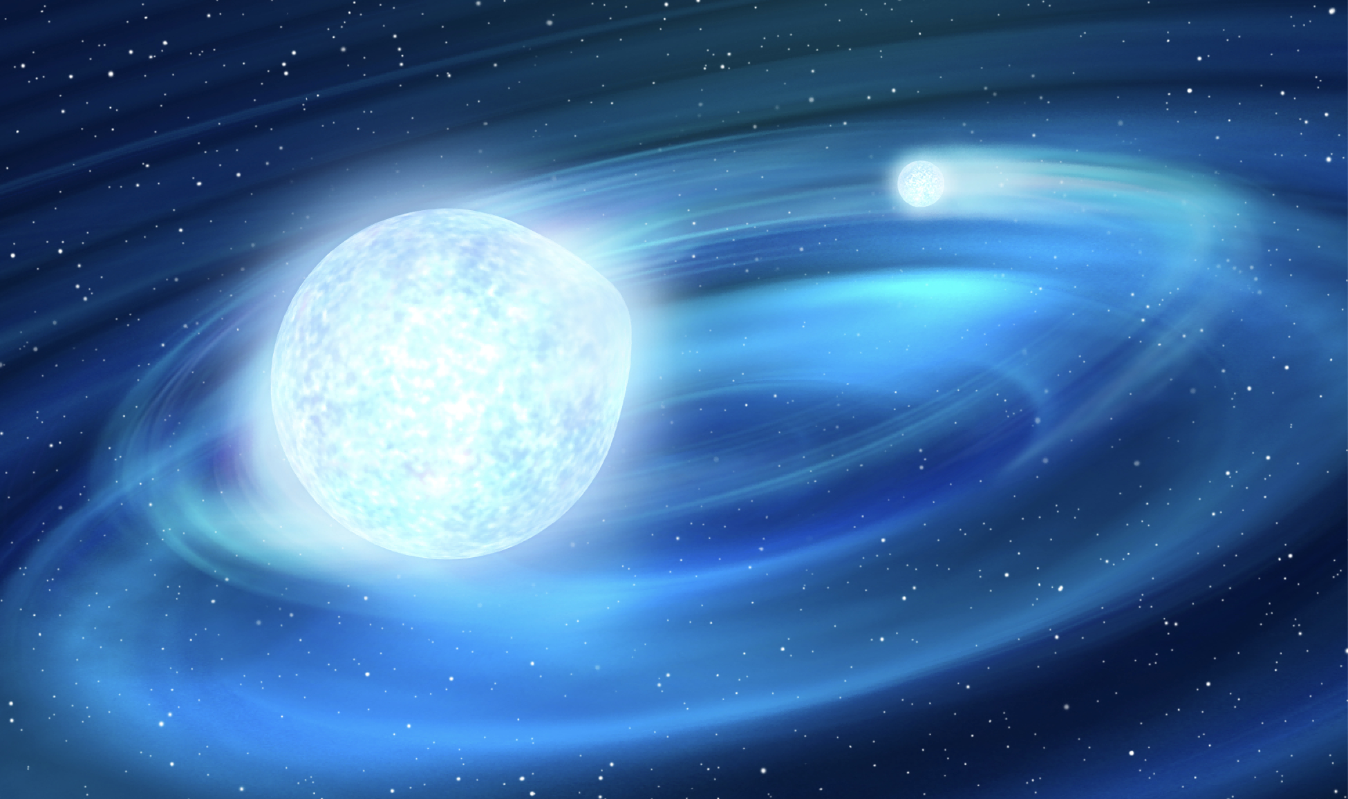 图为北京天文馆艺术家喻京川绘制的TMTS J0526双星系统，较大的为热亚矮星，