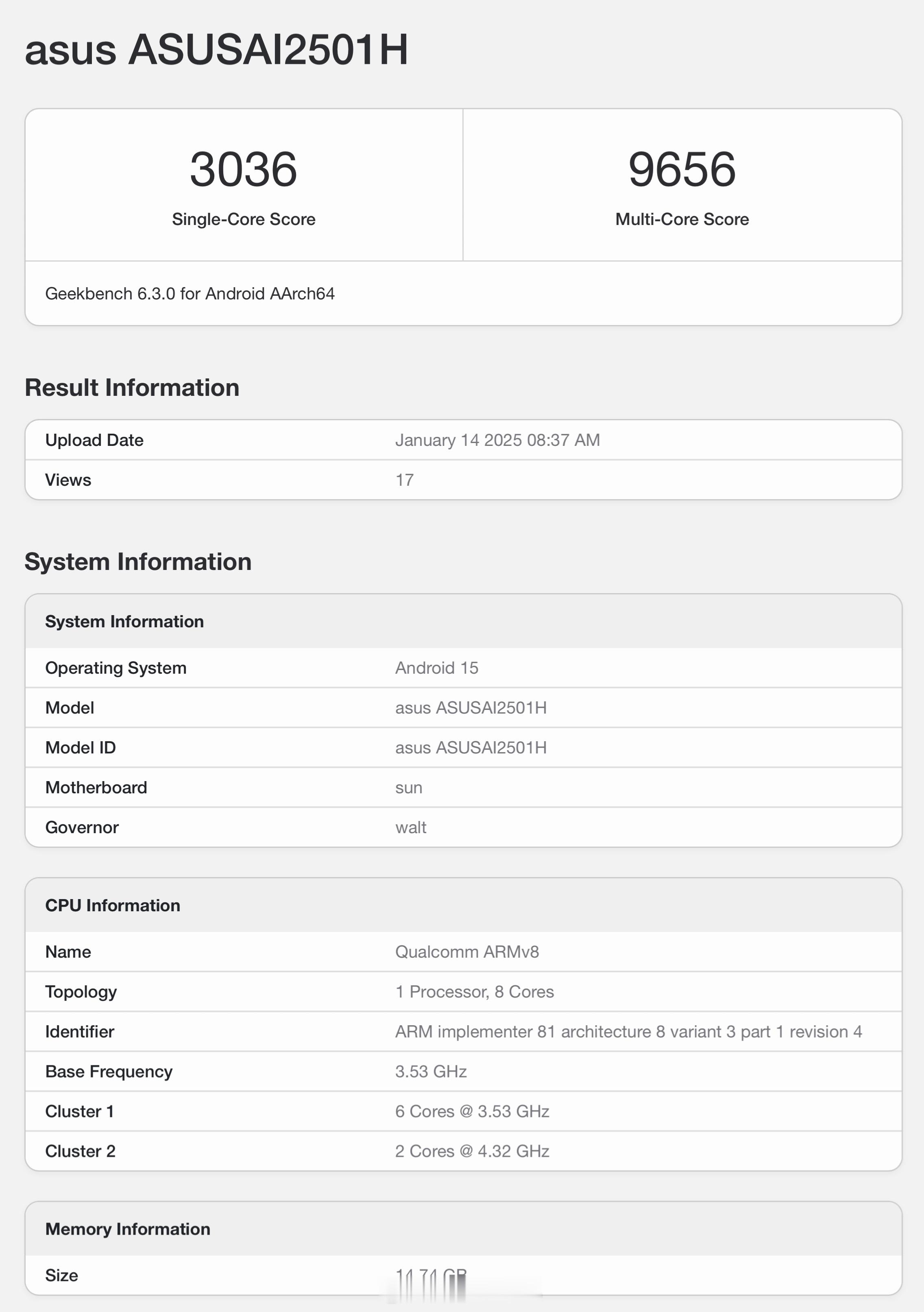 华硕 Zenfone 12 Ultra Geekbench 6 跑分出炉，单核 