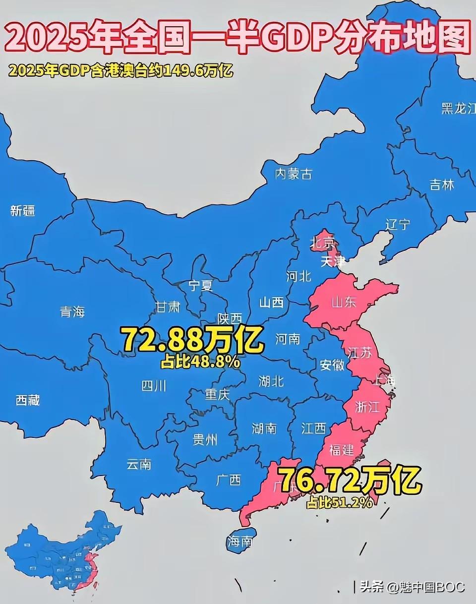 看到2025年GDP地图，沿海五省三市占了全国一半还多，总量76.72万亿，确实