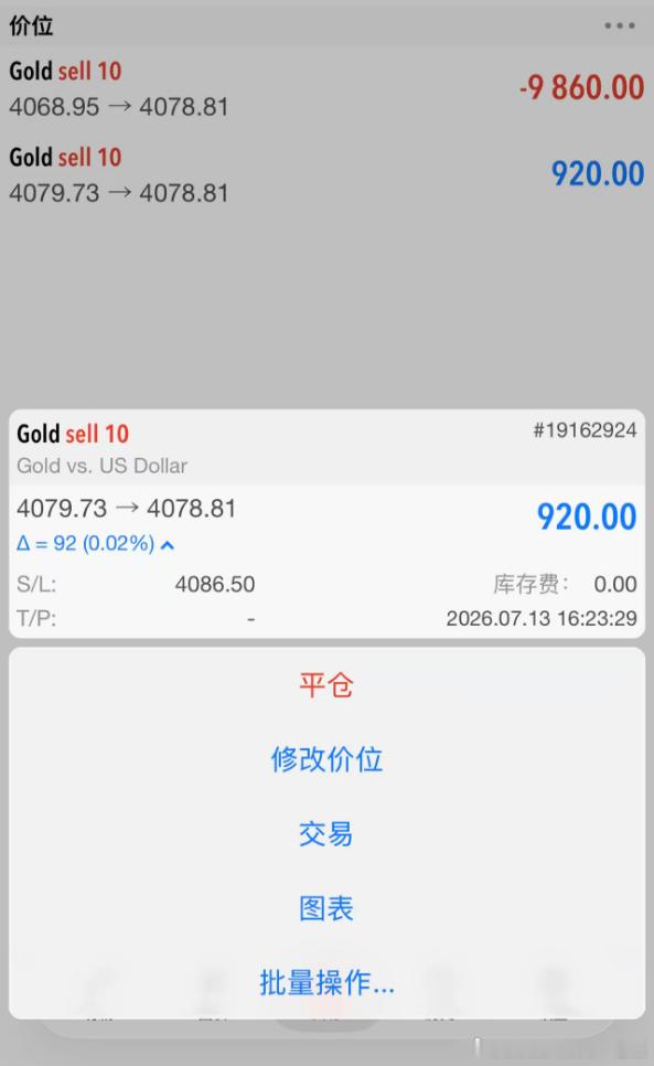 实盘单子情况，止损修改到4086位置，可参考现价4080位置加仓空，止损统一放在