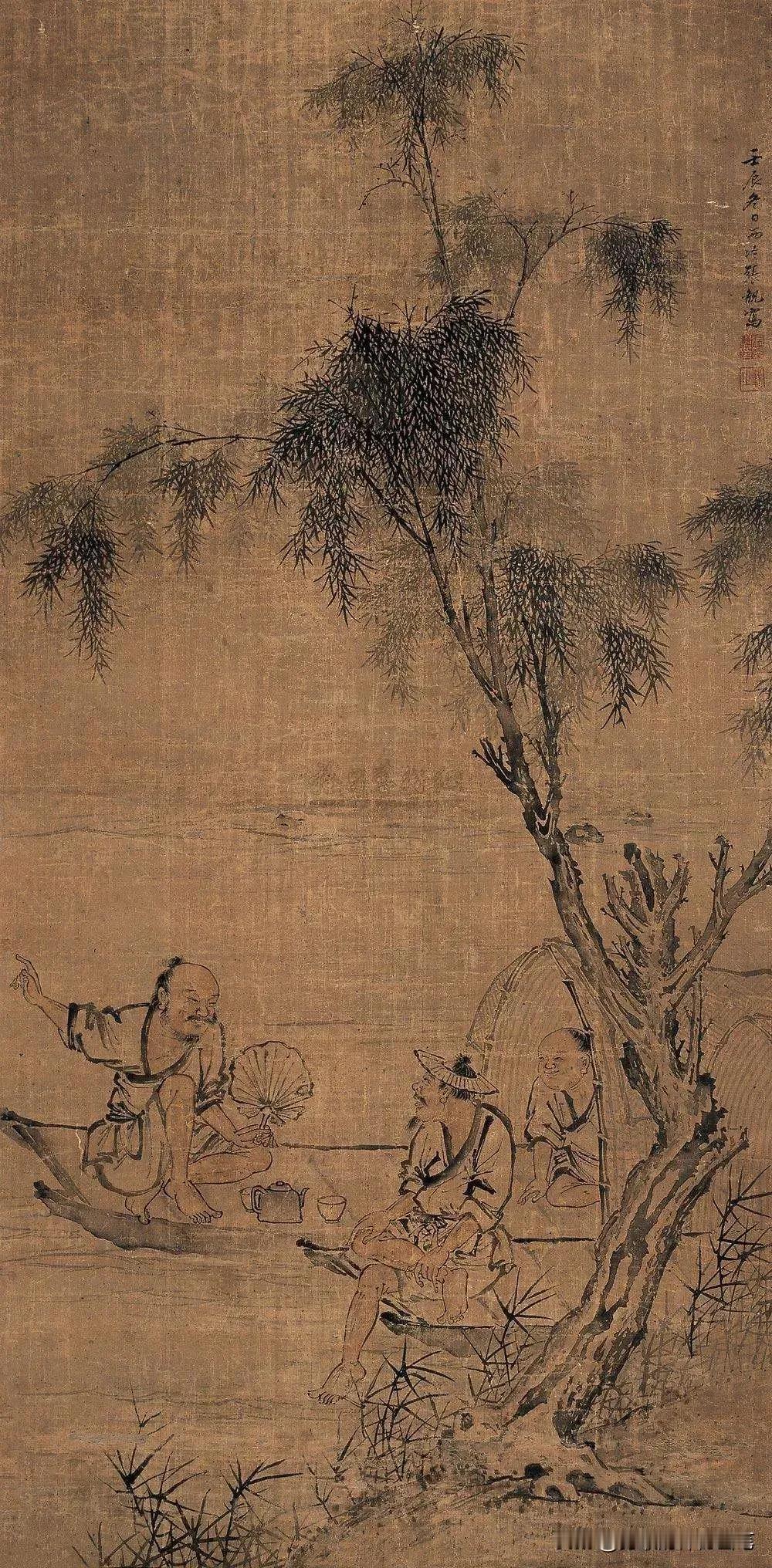 写实的水墨画也是很可爱的

这是一幅明代古画《鱼乐图》，有人物有背景，不像许多古