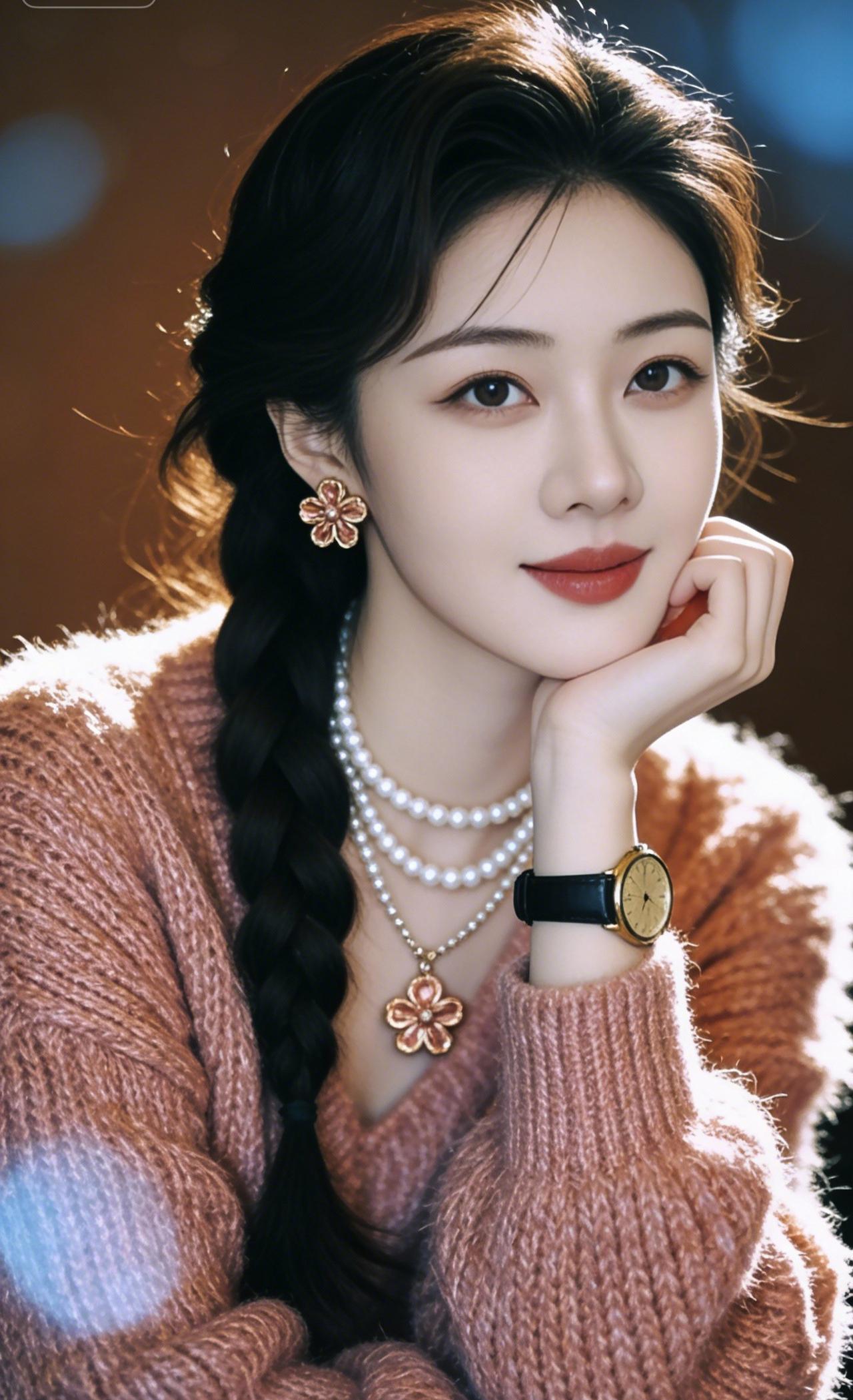 上联：云鬓斜编花映靥
下联：绒衣浅衬玉含光