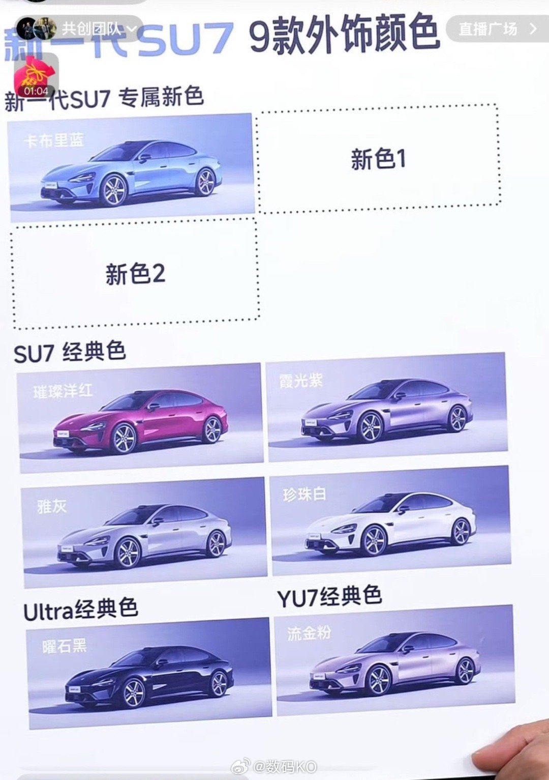 小米新一代su7规划9款颜色，含卡布里蓝等3款专属新色，保留了su7的璀璨洋红等