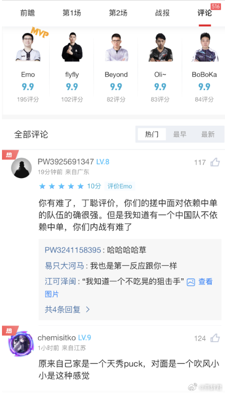 YB战胜Emo之后全队评分都是9.9！dota2 ​​​