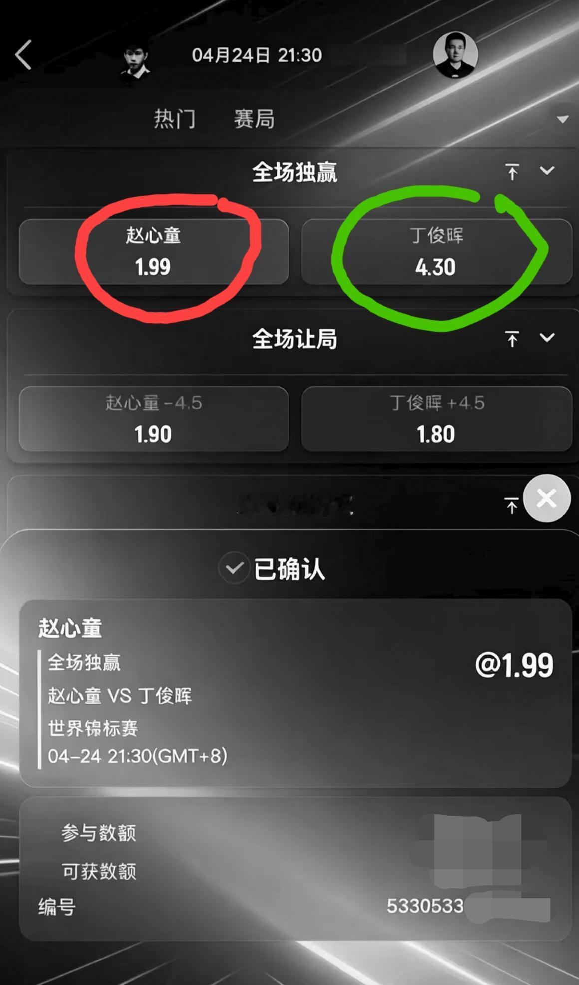 国外菠菜机构给出的丁俊晖vs赵心童这场比赛的赔率，赵心童还是被普遍看好。赵心童1