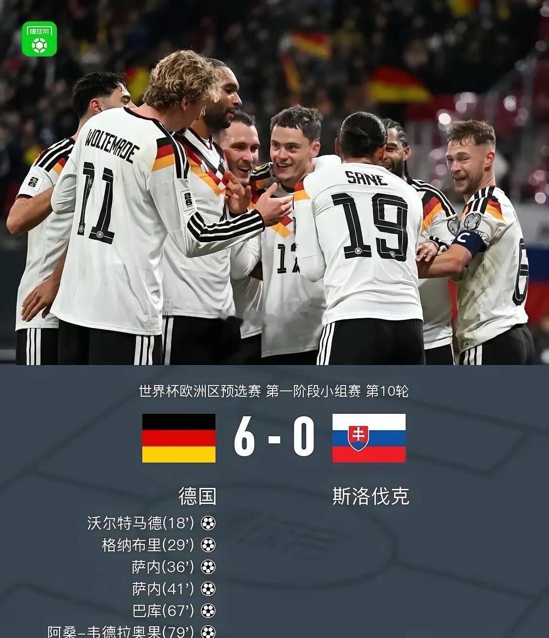德国队大胜晋级世界杯，维尔茨两次助攻萨内进球，纳格尔斯曼似乎挽救了两个球星。纳格