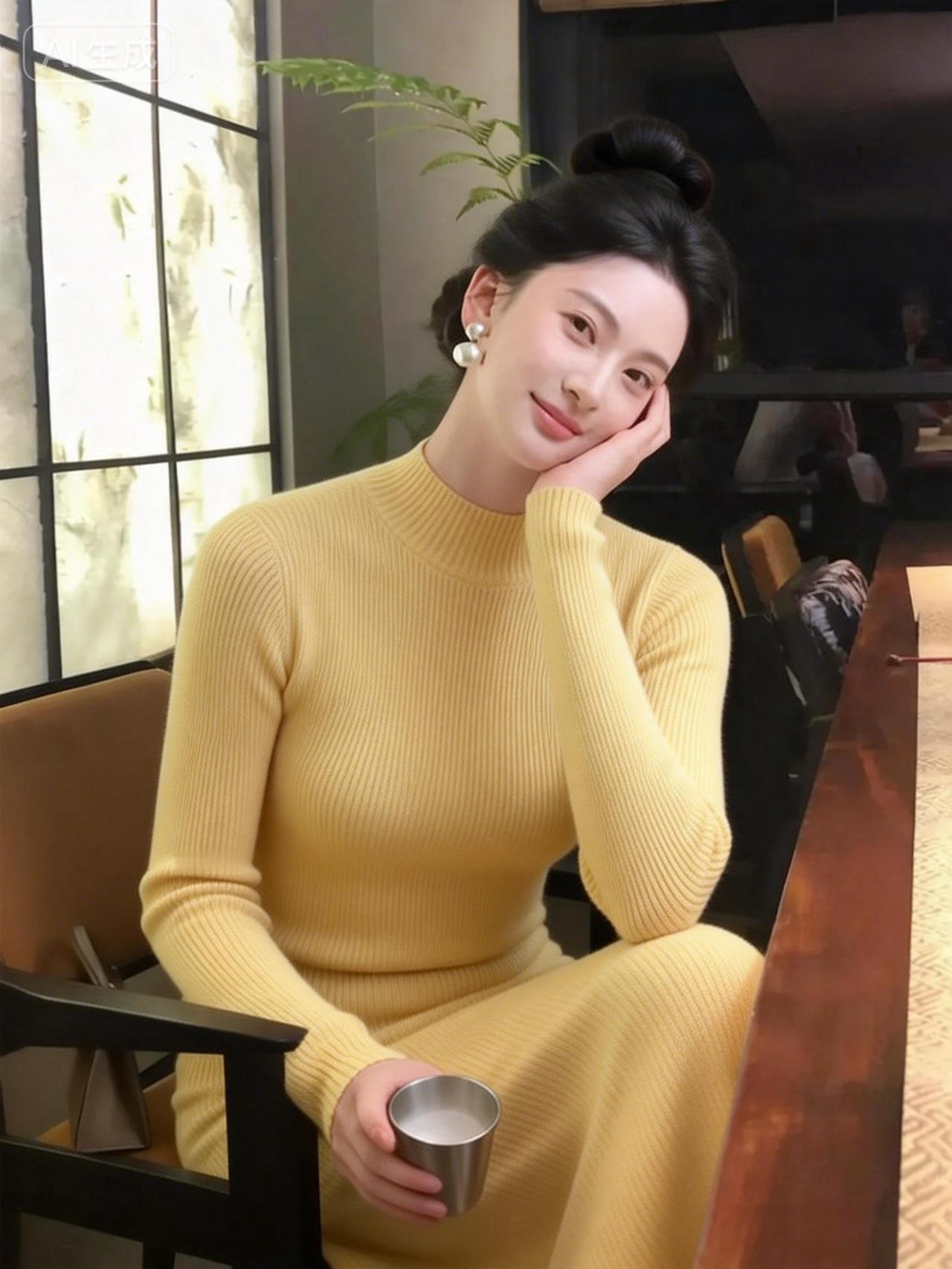 这位女士穿着黄色毛衣，坐在咖啡馆里。