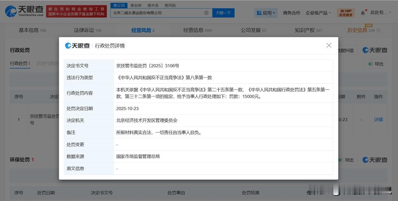 【北京二锅头因不正当竞争被罚1.5万 北京二锅头违规使用商标被罚】
天眼查App