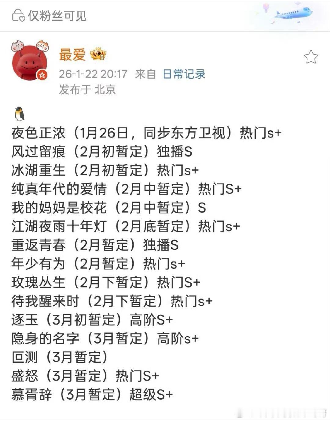腾讯🐧Q1排播：夜色正浓（1月26日，同步东方卫视）热门s+风过留痕（2月初暂