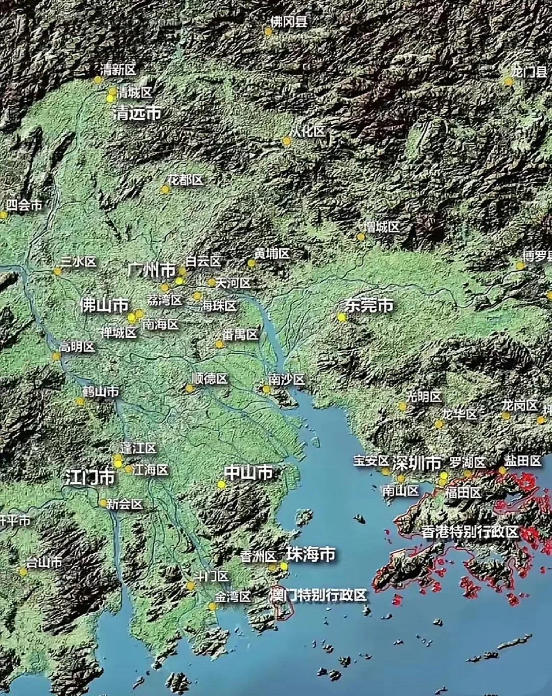 珠三角的3D地形图，大都市不一定非要是平地