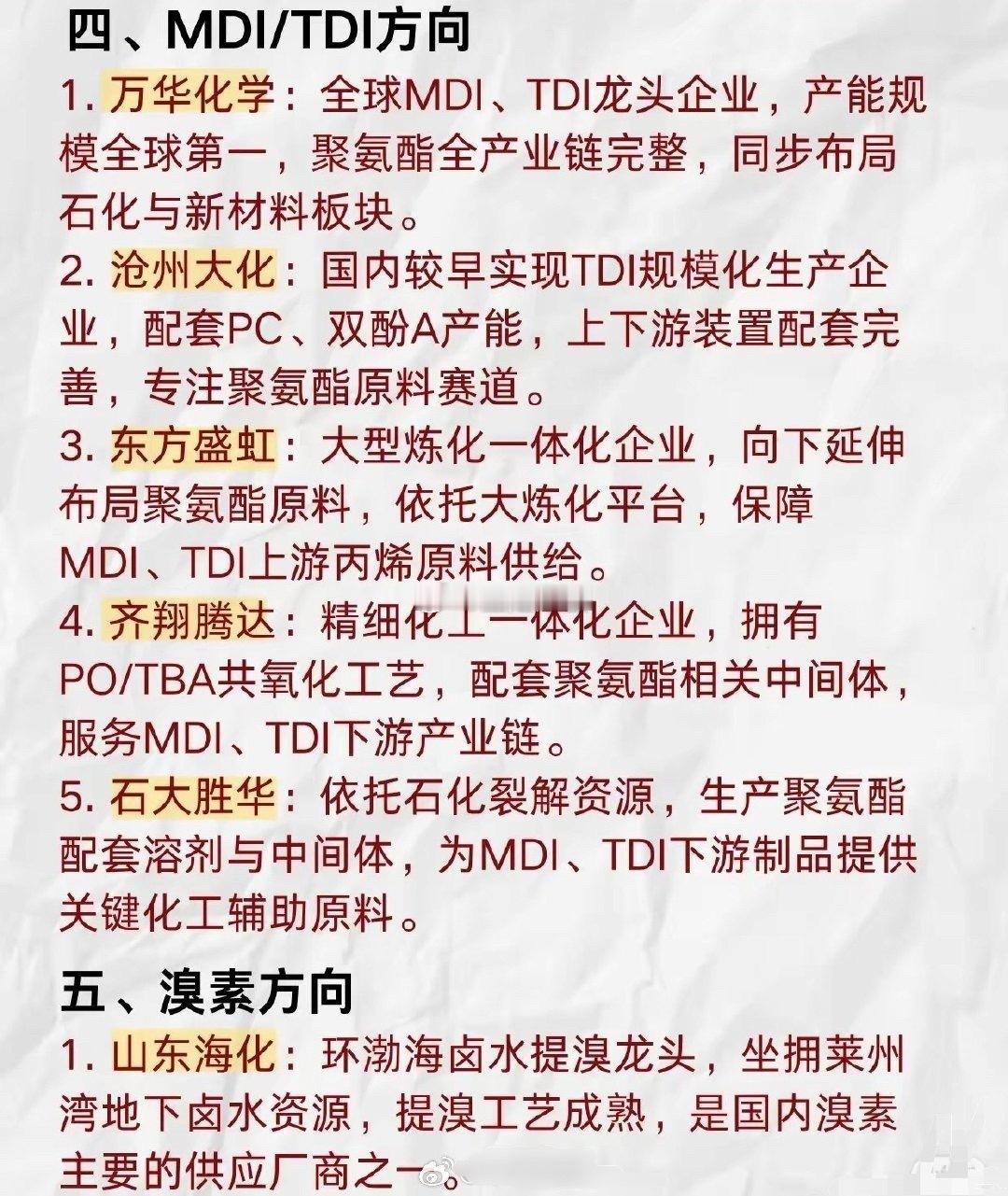 化工各细分方向五巨头盘点📊（部分）一、化肥尿素：赤天化、泸天化、潞化科技、华鲁