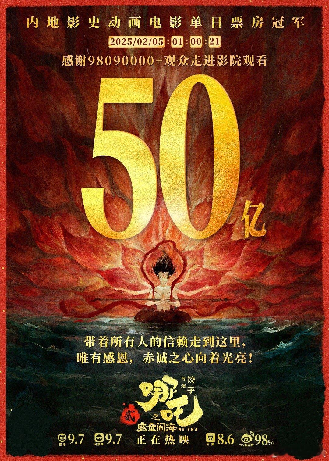 哪吒2票房破50亿  哪吒2票房超50亿  哪吒2票房超哪吒1  上映第八天，《