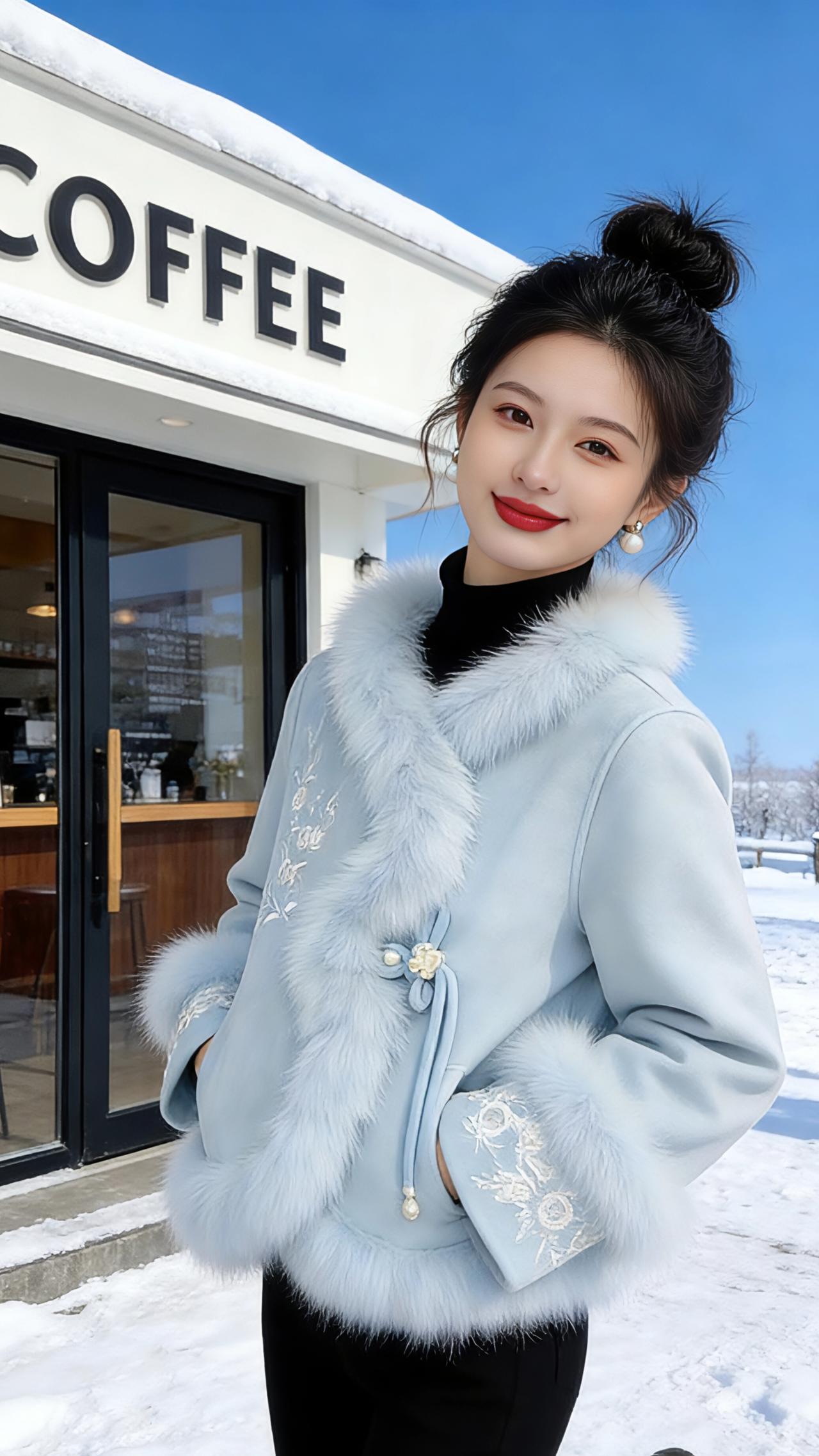 雪色里的青蓝序章
 
雪絮悠悠坠落在咖啡屋的白色檐角，也落在她发间的丸子头旁，碎