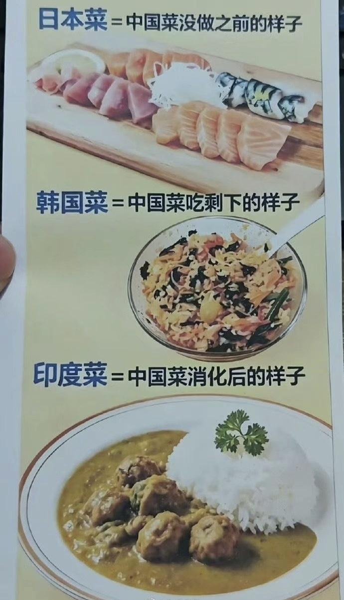 在做菜这方面中国是各国鼻祖，有些小国似乎还在进化之中，以日、韩、印为例：有图有真