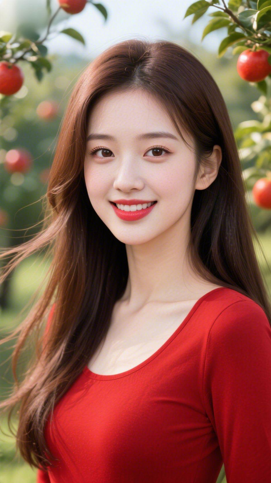 丹果满园
 
繁枝翠叶缀丹红，晴色轻笼果园中。
圆实垂梢凝晓露，清阴绕径沐和风。