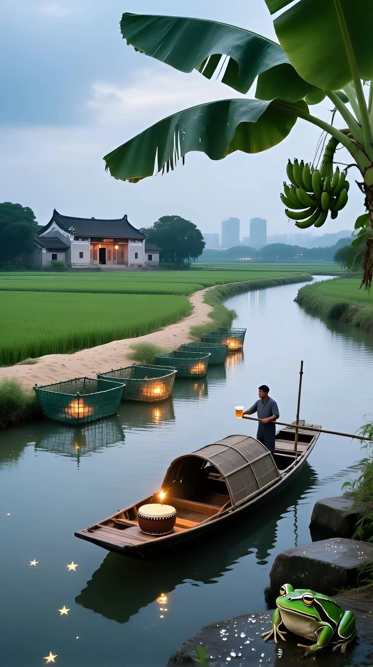 清平乐·水乡暮晚
 
蕉阴垂绿，溪畔秧田沃。
渔艇轻横灯影簇，古宅烟光凝暮。
 