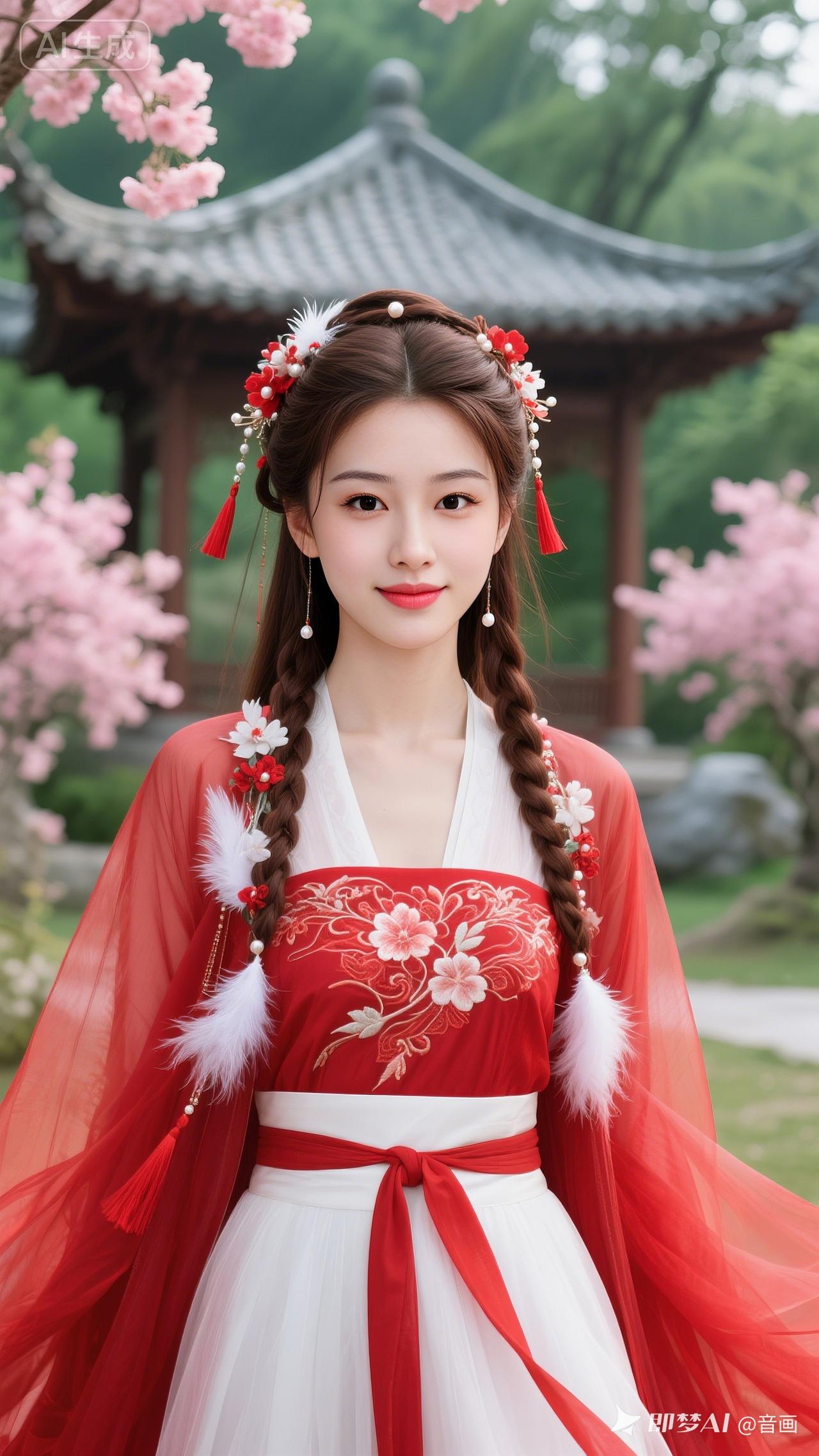 古风少女，花间漫步，红衣飘逸，如梦如幻。