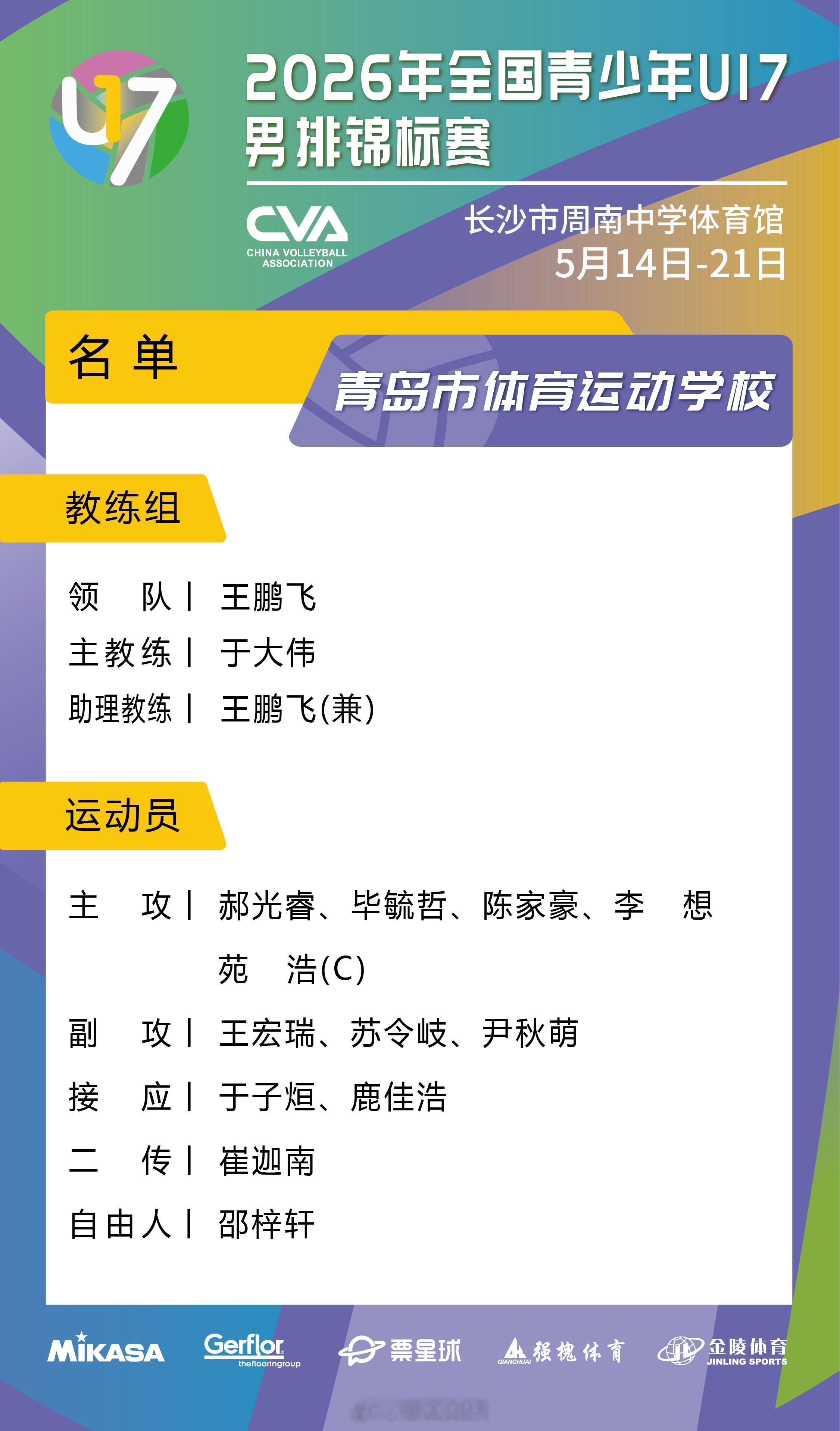 前中国🇨🇳男排的暴力副攻于大伟（11号）担任青岛体校主教练出征U17男排锦标