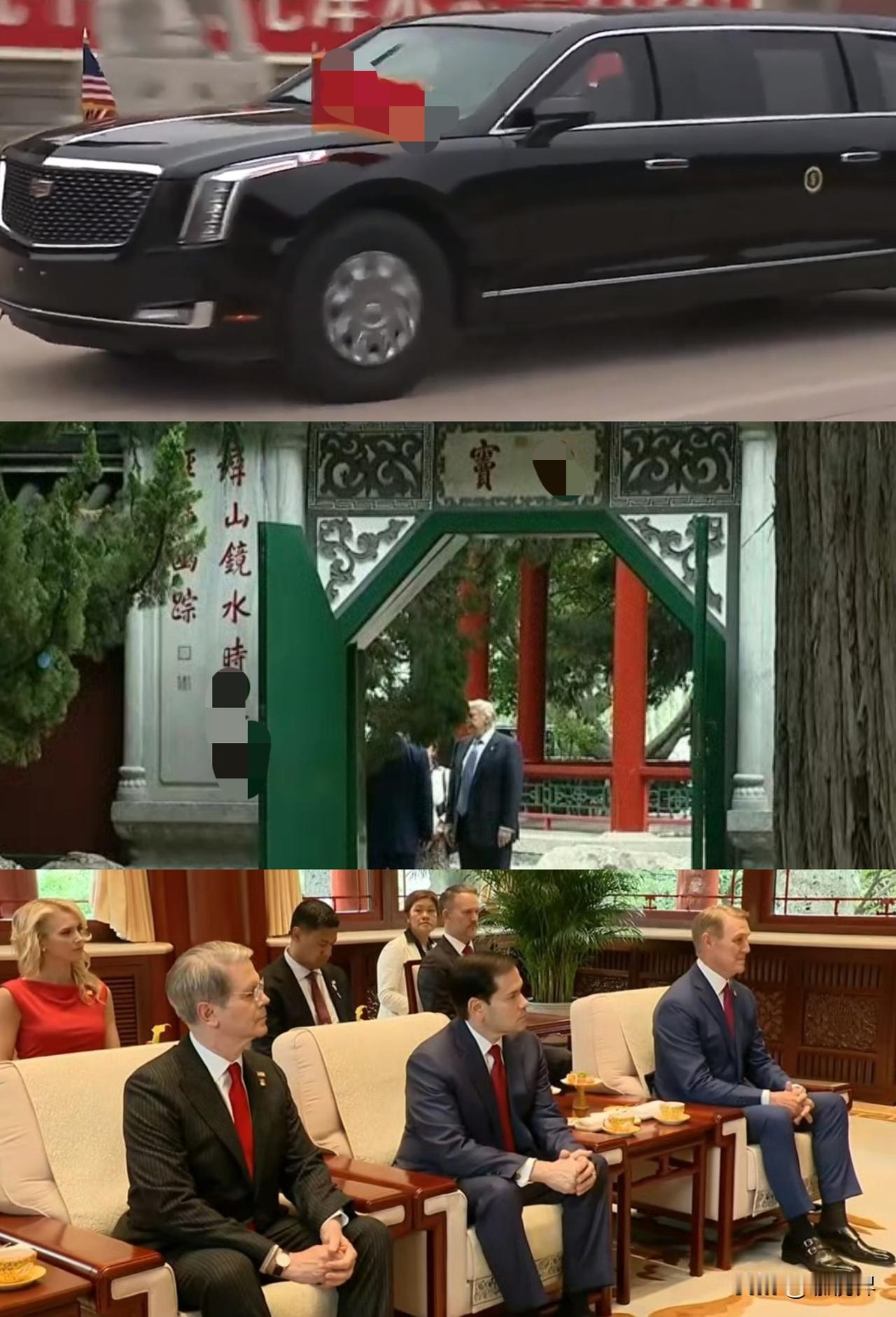 川 普 乘车从正 门礼遇而入，随后二人 漫 步 茶 叙，气氛十分融洽，参观后，他