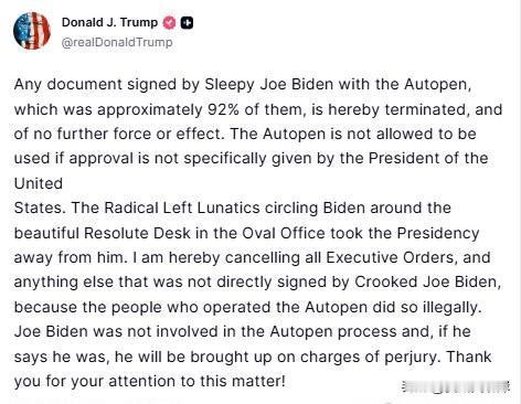 川普宣布将废除由Joe Biden用自动签字笔签署的行政命令，这些行政命令大概占