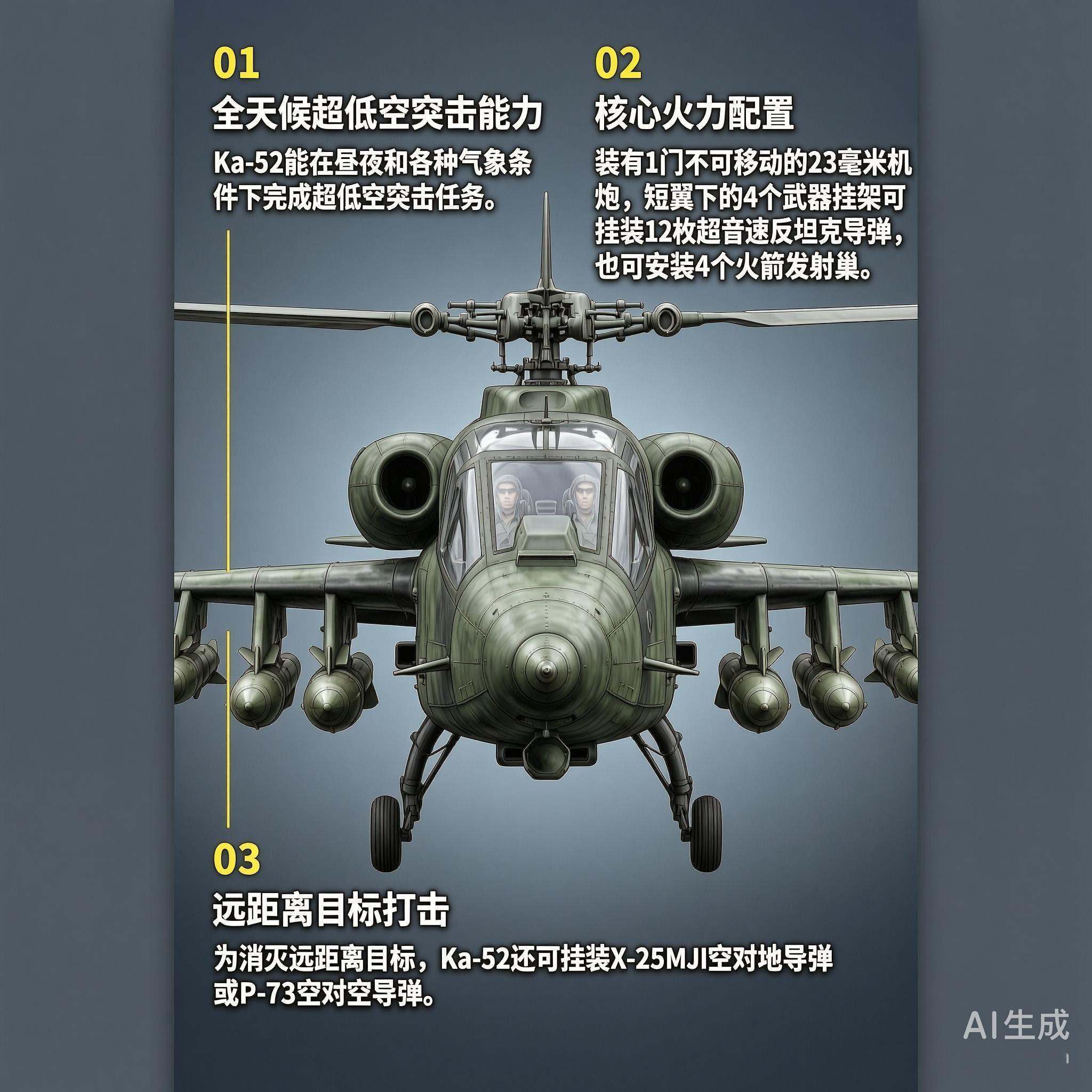 军事ai新视野 俄罗斯Ka-52“短吻鳄”武装直升机Ka-52“短吻鳄”是卡莫夫