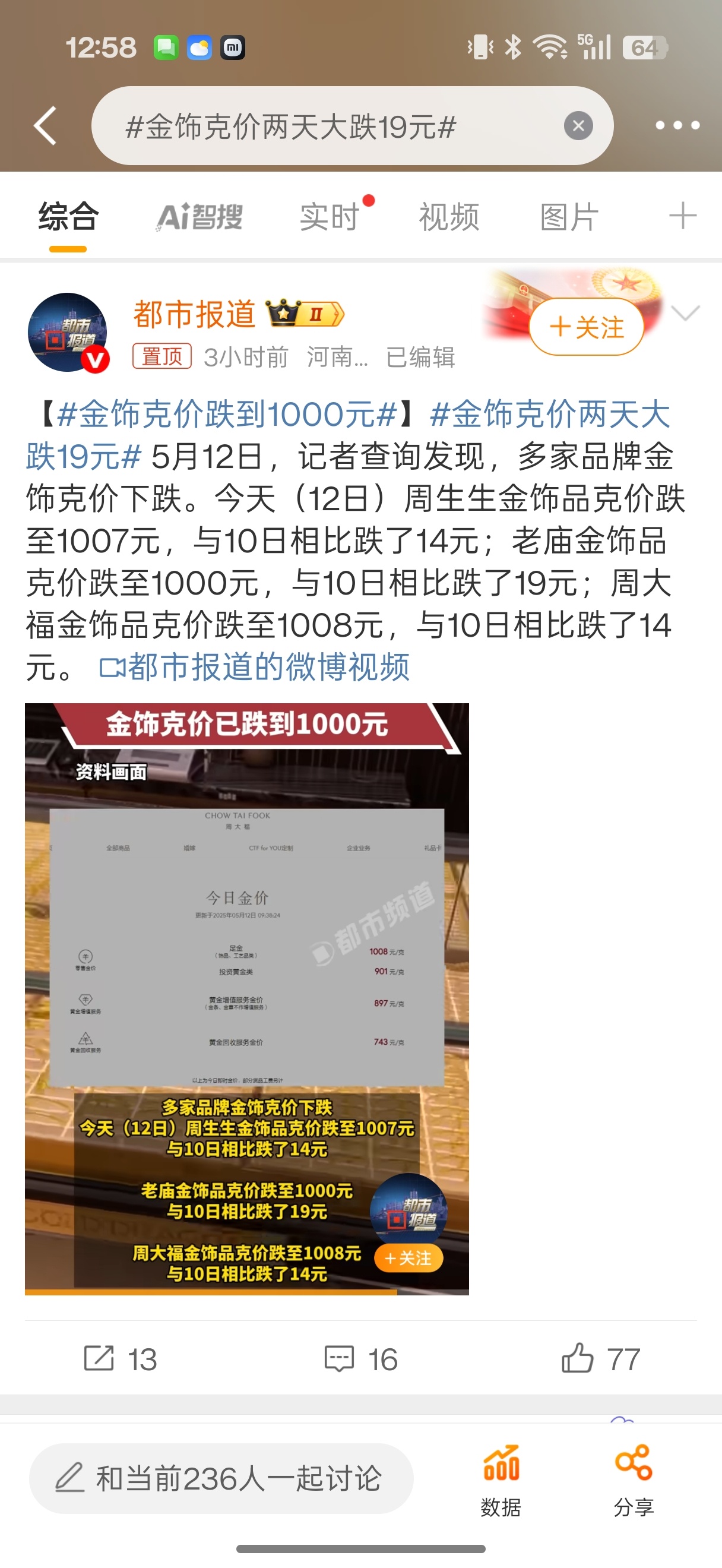 金饰克价两天大跌19元19就说大跌了[doge]你们说这金价还能在跌吗？ ​​​