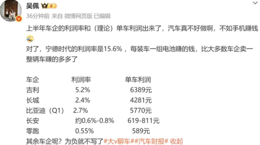 上半年车企单车利润曝光
近日，资深汽车达人@吴佩 发布了上半年车企的利润率和（理