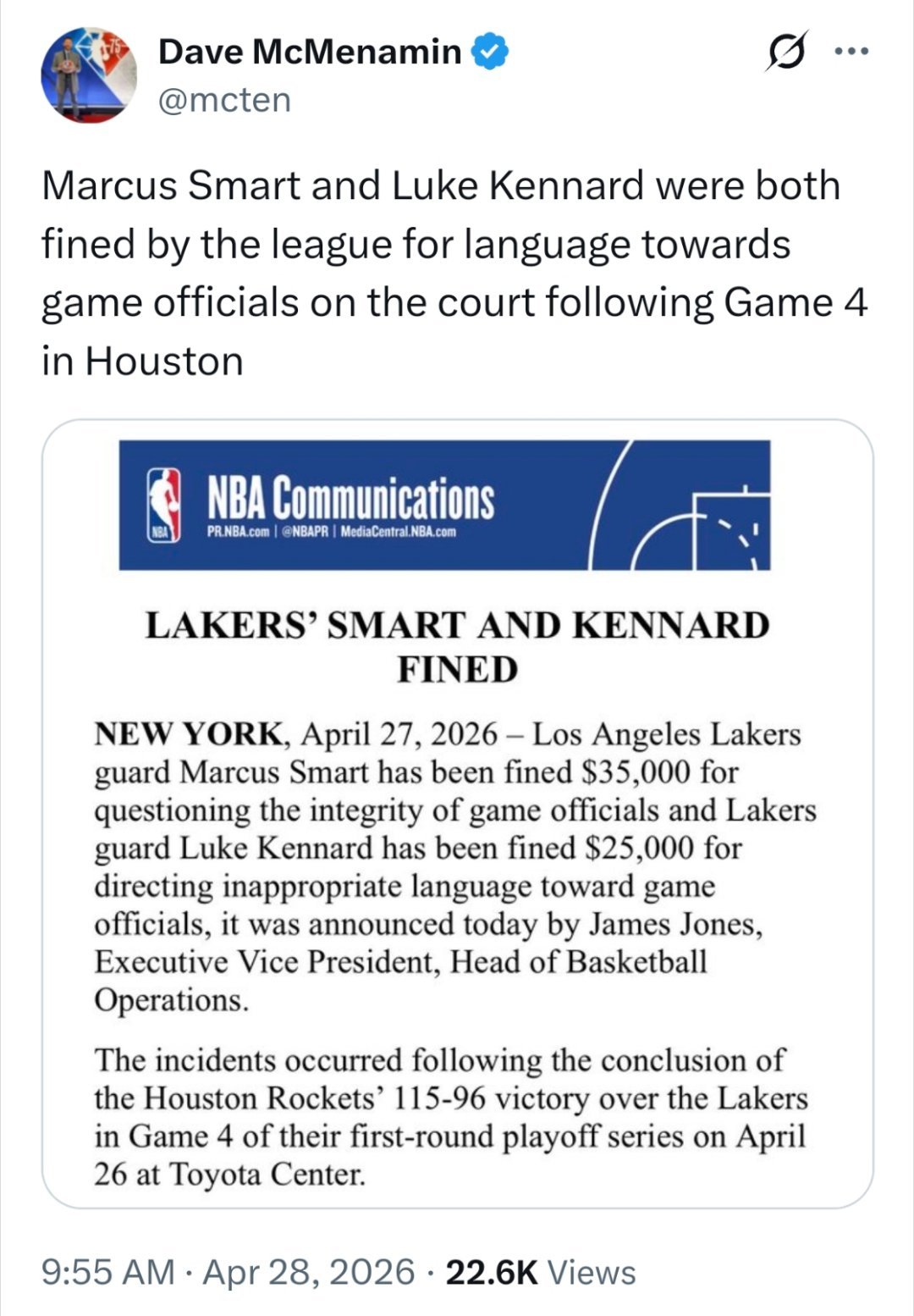 NBA开出罚单，处罚湖人！斯玛特因质疑裁判公正性被罚款3.5万美元，肯纳德因对裁