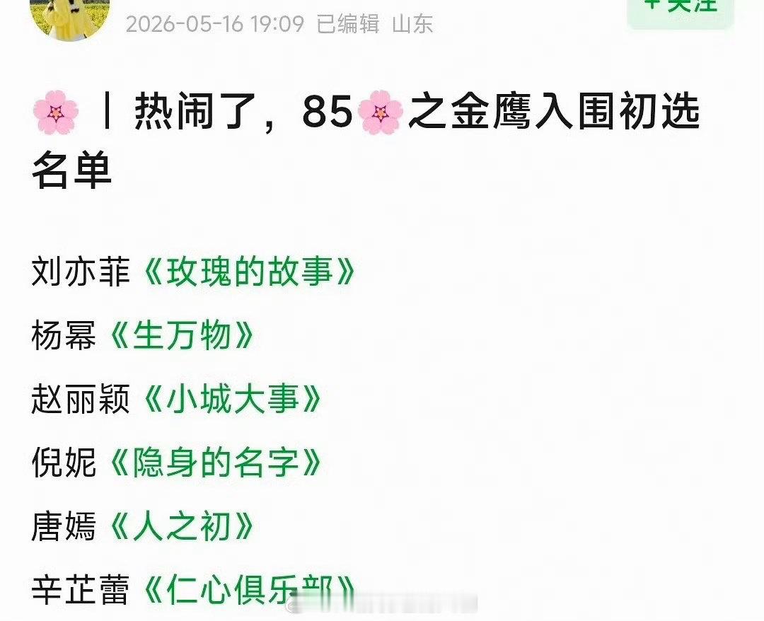 85花金鹰奖入围初选名单85花金鹰奖提名预测 会是谁啊！ 