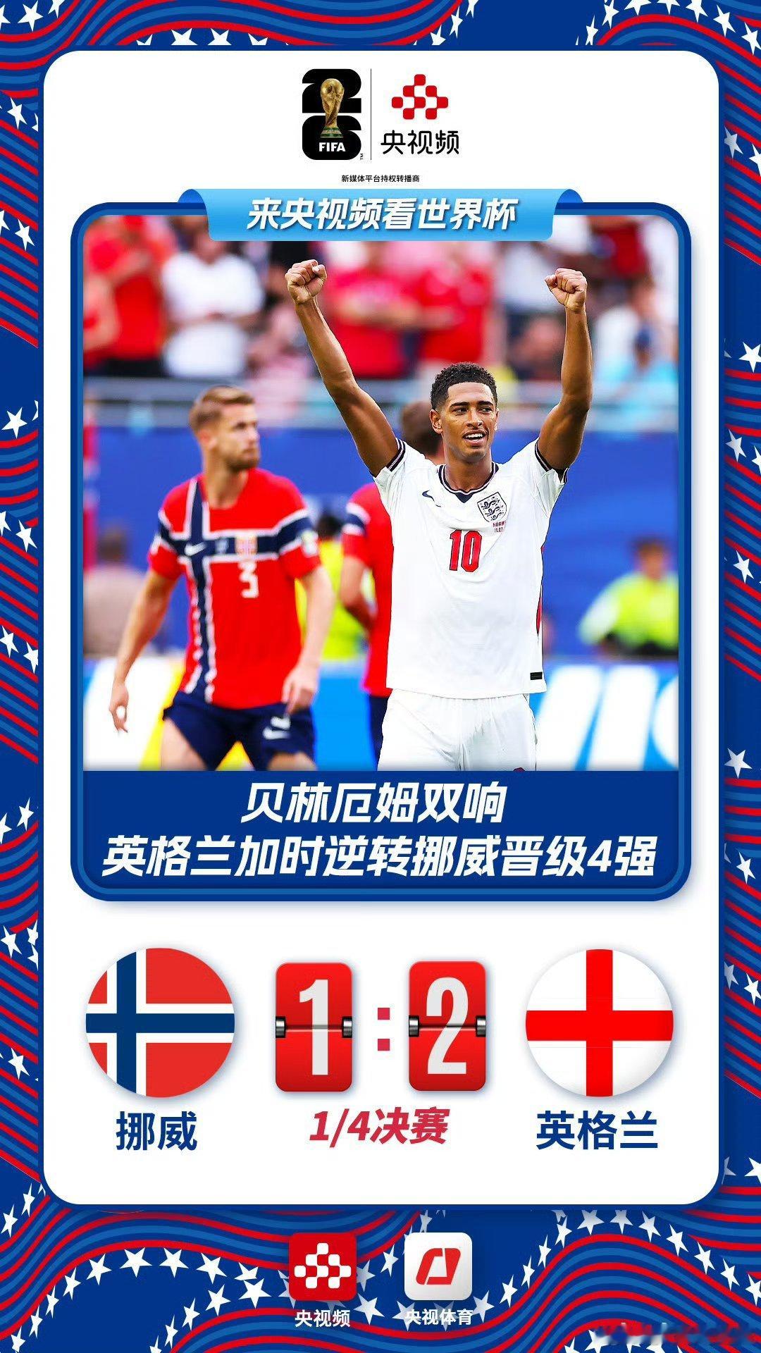 【英格兰成功晋级四强】美加墨世界杯1/4决赛，挪威vs英格兰。加时赛中，英格兰队