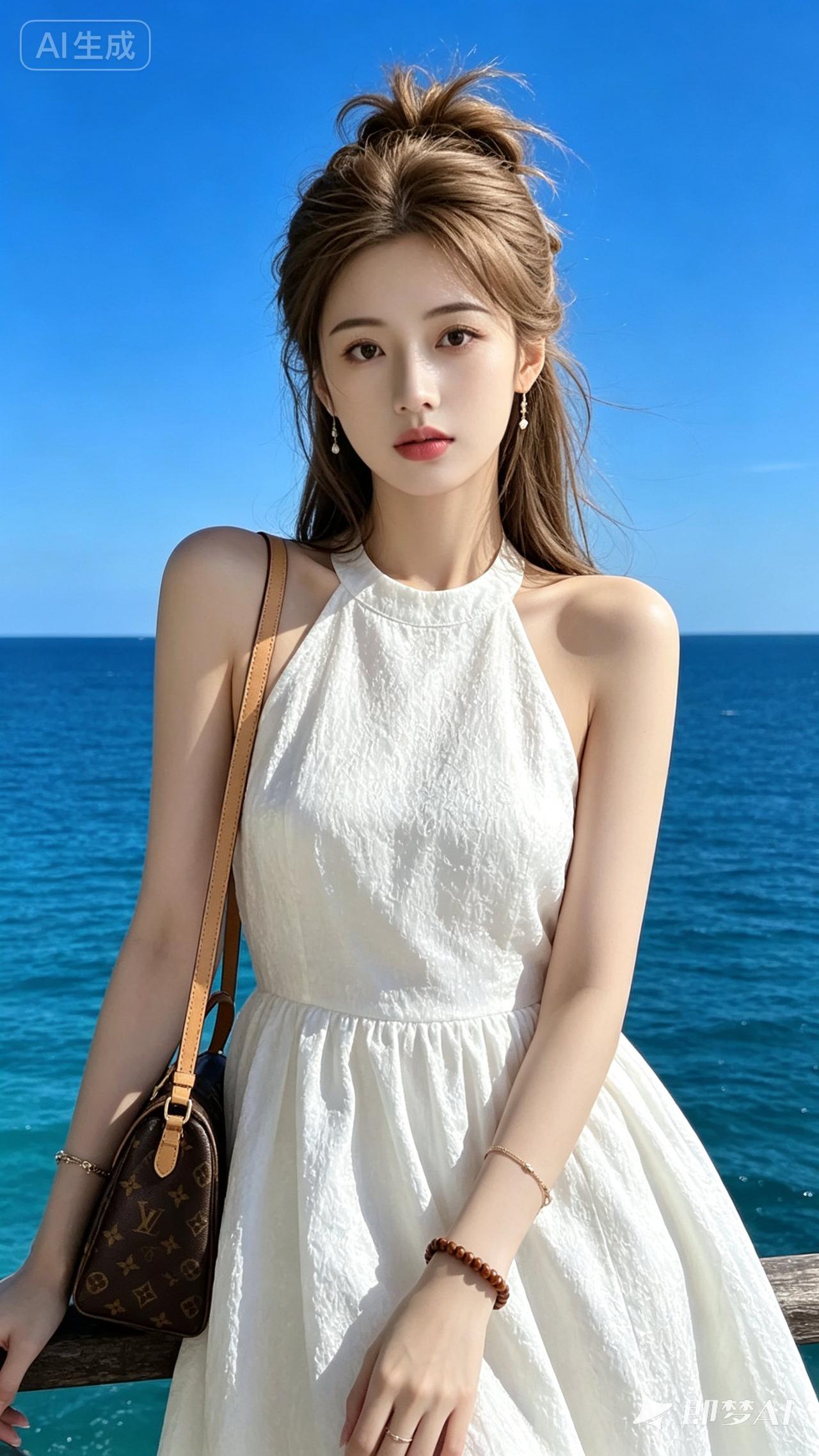 海边度假风穿搭，清新白色连衣裙，搭配棕色包包，轻松自在！🌊👗👜