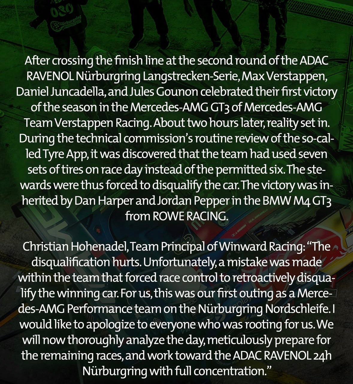 维斯塔潘车组在夺得NLS2冠军后被DSQ原因是车组在比赛日使用了7套轮胎，超过了