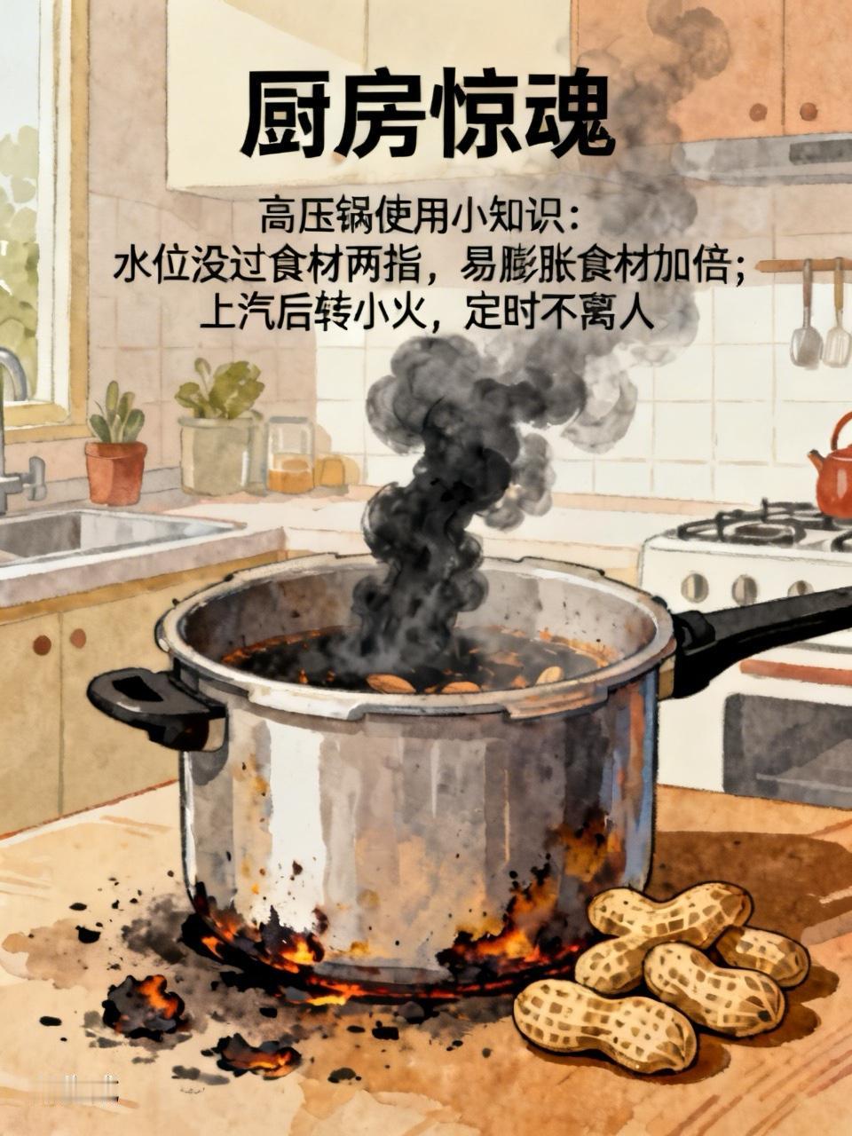 今天差点把厨房炸了！

就为把花生煮软点，高压锅直接烧焦成碳，锅盖变形冒出黑烟，