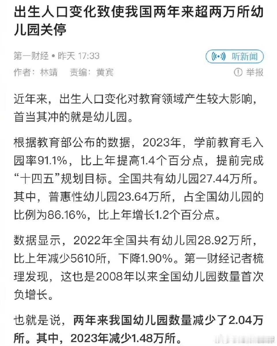 第一财经：国内两年关停2万多家幼儿园。 ​​​